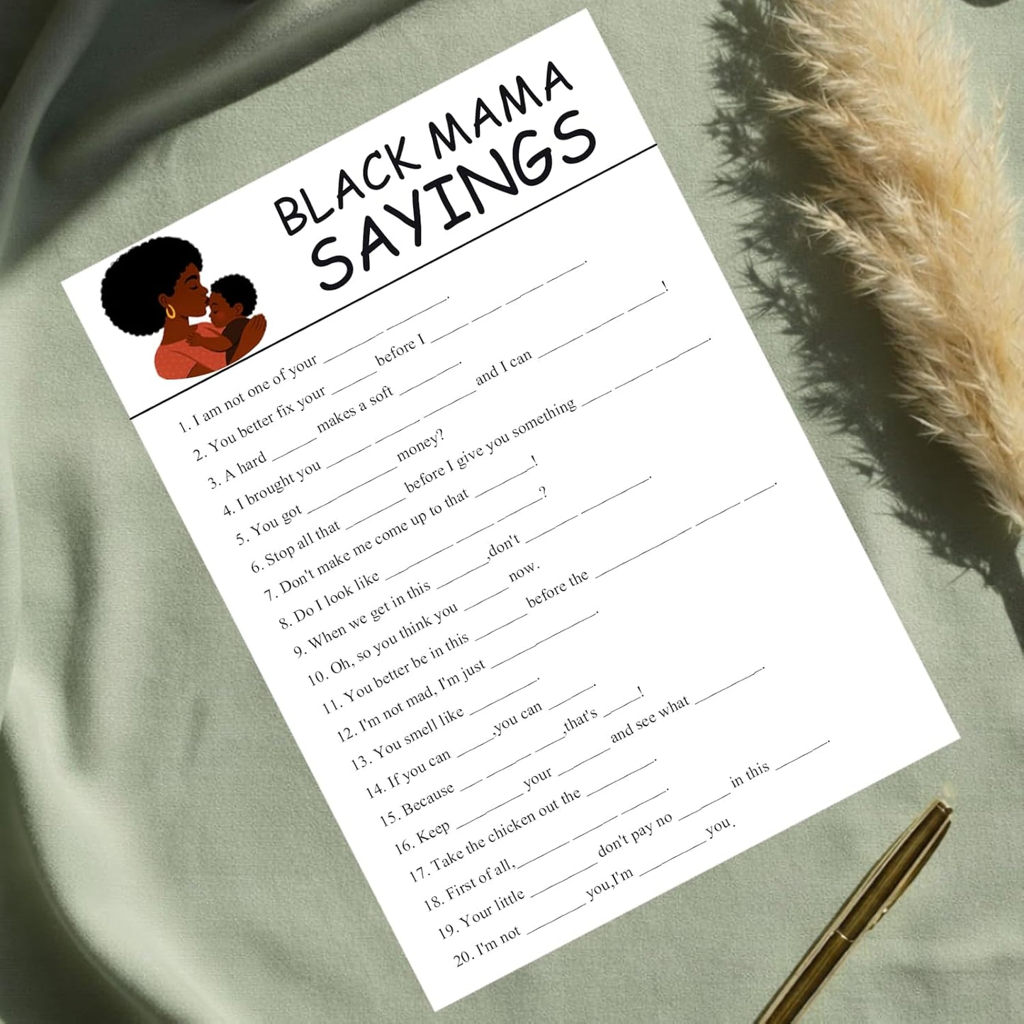 Black Mama Sayings Party Game Cards – 70 Pack Adult Icebreaker Set with Answer Keys & Markers, 5x7 Fill-in-the-Blank Maternal Wisdom Game, Cultural Humor Stationery for Adult Celebrations