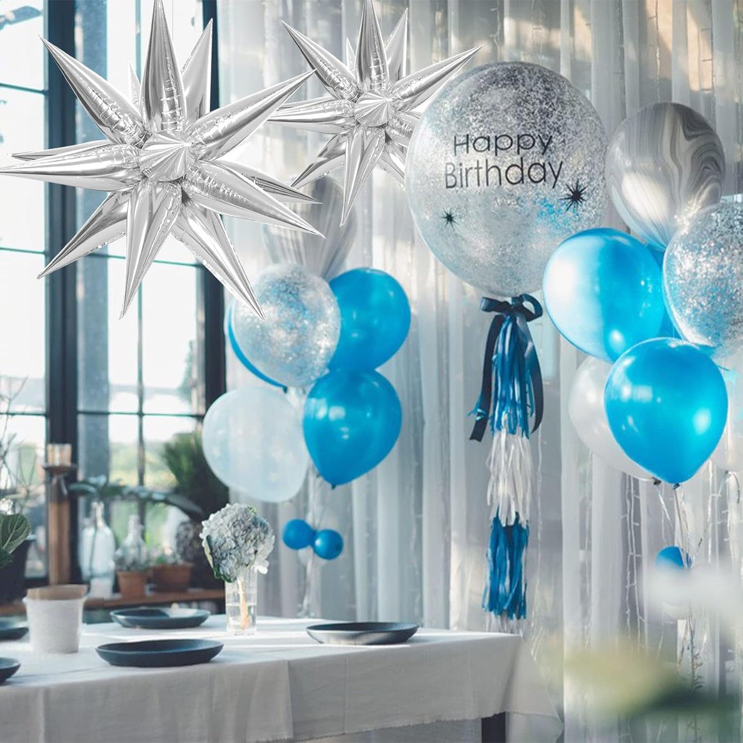 ZAKVOOR 60 Pcs Star Balloons 12 Spike Foil Explosion Party Decoration Balloons for Christmas New Year Eve Birthday (Silver)