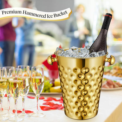 MorningRo 2 Pcs 5 Quart Black Champagne Ice Bucket 4.7 L Metal Doublewall Hammered Stainless Steel Wine Beer Chiller Home Bar Accessories for Football Sports Wedding Party Summer BBQ (Beveled Mouth)