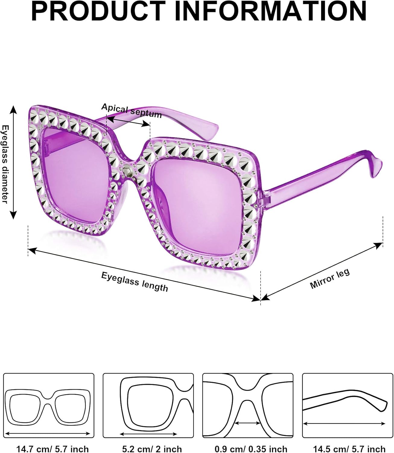 9 Pairs Rhinestone Oversized Square Sunglasses for Women Sparkling Bling Crystal Sunglasses AC Frame Glasses for Women