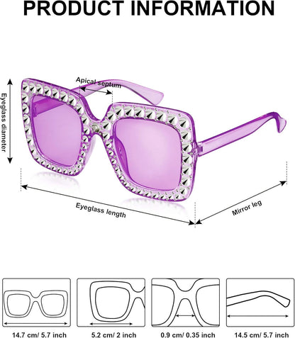 9 Pairs Rhinestone Oversized Square Sunglasses for Women Sparkling Bling Crystal Sunglasses AC Frame Glasses for Women