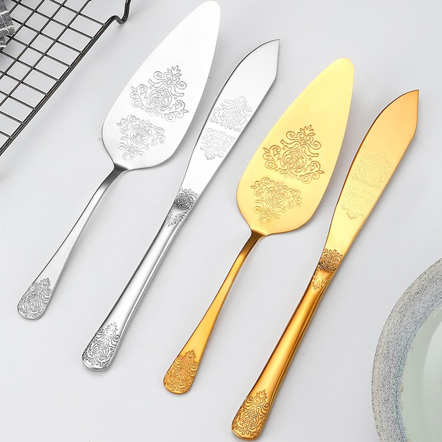 Cake Cutting Set for Wedding, Elegant Cake Knife and Server Set with Thickened Stainless Steel Rounded Edges, Cake Cutter Pie Spatula for Birthday Anniversary Christmas 2 Pcs Silver
