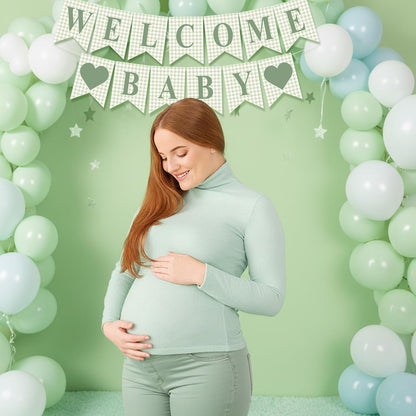 Hahafelt 1 Pcs Blue Gingham Welcome Baby Boy Banner for Baby Shower Party Decorations Pre Strung Gender Reveal Paper Banner for Table, Wall, Mantel Display Party Decor Supplies