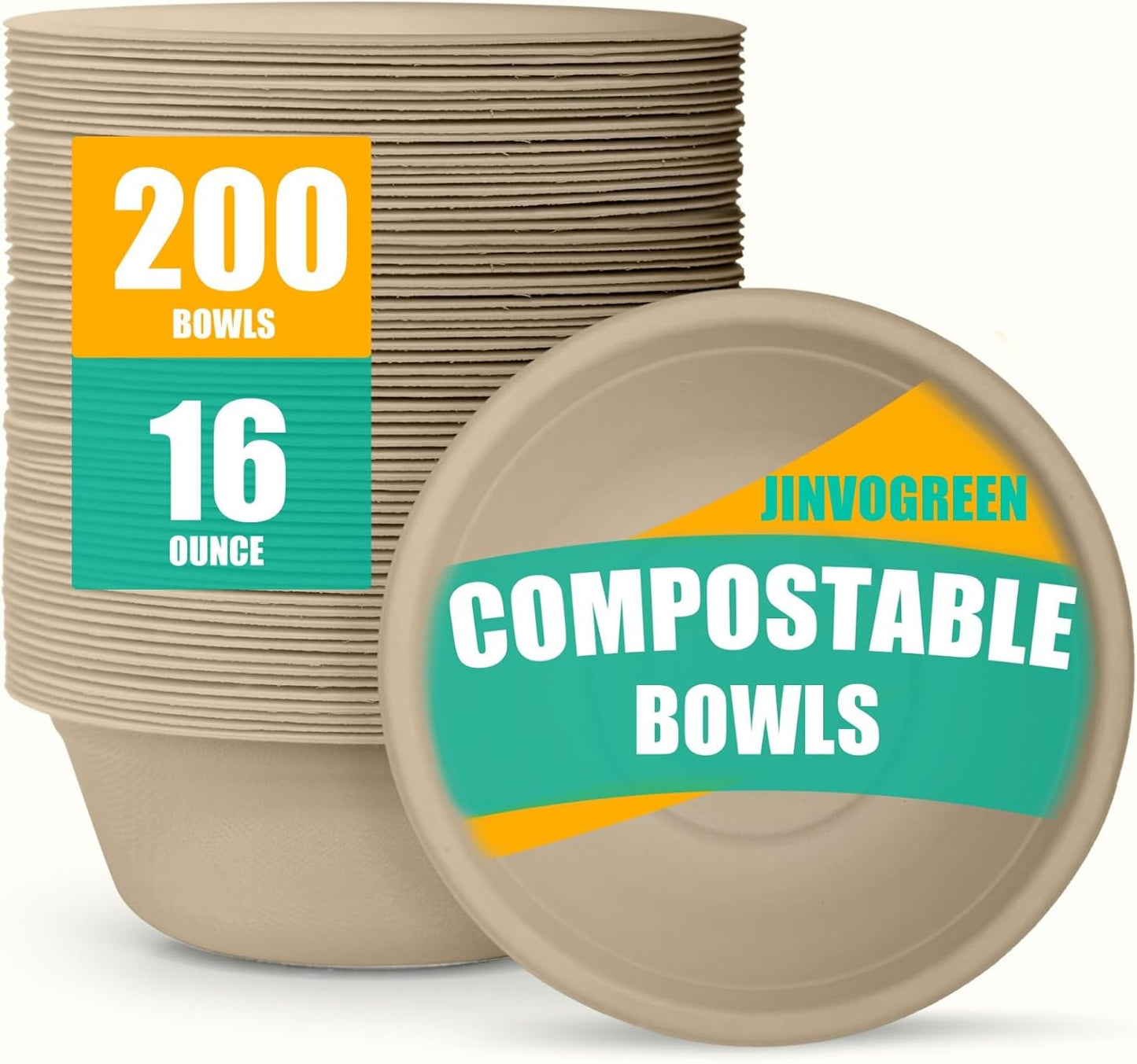 JINVOGREEN 200 Count 12 oz Paper Bowls, Disposable Compostable Bowls Bulk, Heavy Duty Biodegradable Bagasse Bowl for Snacks, Soup, and Salads, White