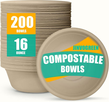 JINVOGREEN 200 Count 12 oz Paper Bowls, Disposable Compostable Bowls Bulk, Heavy Duty Biodegradable Bagasse Bowl for Snacks, Soup, and Salads, White