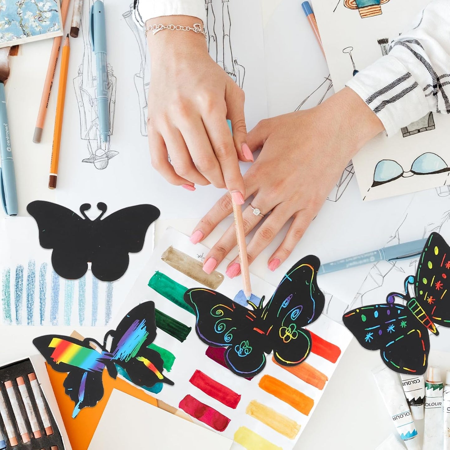 KALIONE 36 PCS Butterfly Scratch Cards Scratch Art Butterfly Party Favors Party Craft Butterflies Crafts for DIY Crafts Birthday Party Halloween Christmas, 12 Styles Bamboo Stylus Included