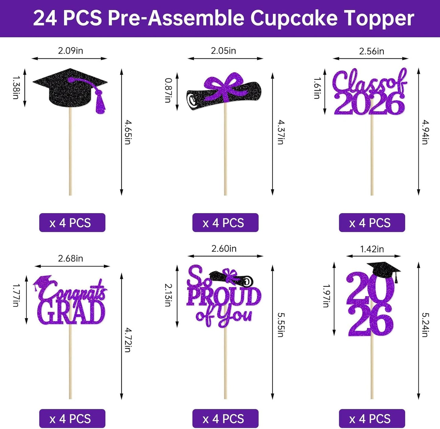 24 Pcs Graduation Cupcake Toppers 2026 - Congrats Grad Decorations Class of 2026, Pre-Assembled Black Gold Grad Cake Topper Centerpieces for Graduation Party Decoration Supplies Table Decor, 6 Styles