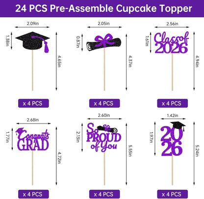 24 Pcs Graduation Cupcake Toppers 2026 - Congrats Grad Decorations Class of 2026, Pre-Assembled Black Gold Grad Cake Topper Centerpieces for Graduation Party Decoration Supplies Table Decor, 6 Styles