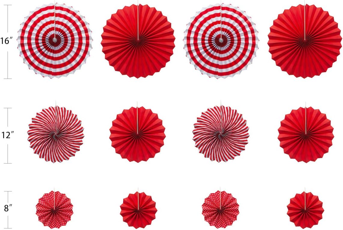 ONUPGO Red Paper Fans Hanging Paper Fans Flower Set, 12PCS Mexican Fiesta Kids Party Decorations Hanging Banner for Wedding Birthday Engagement Bridal Shower Baby Shower Event Holiday Celebration