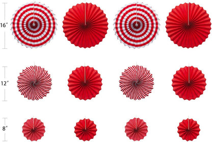 ONUPGO Red Paper Fans Hanging Paper Fans Flower Set, 12PCS Mexican Fiesta Kids Party Decorations Hanging Banner for Wedding Birthday Engagement Bridal Shower Baby Shower Event Holiday Celebration