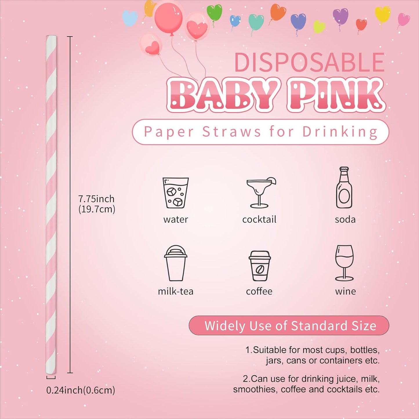 PakTalk 100 Pack Red Straws, Disposable Red and White Biodegradable Paper Striped Straws for Cocktail, Milkshake, Coffee, Lemonade (0.24" x 7.75")