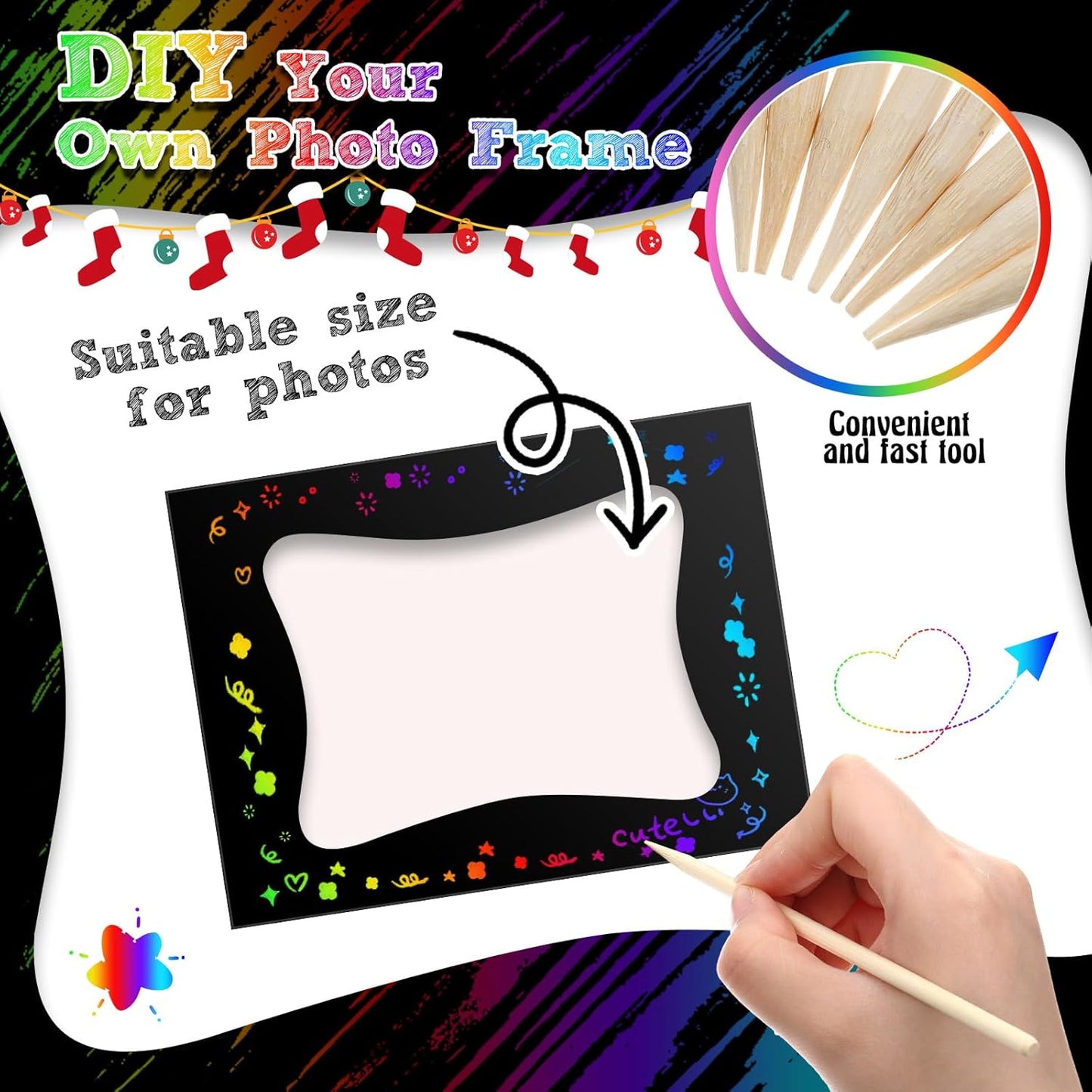 Motipuns 24 Pcs Scratch Picture Frame Craft Kits for Kids DIY Vbs Scratch Paper Photo Frame with Wooden Stylus Back to School 4 x 6 Children Photo Classroom Easter Activities Decor