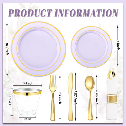 350 Pieces Black and Gold Plastic Plates with Disposable Silverware, Include 50 Dinner Plates 9”, 50 Dessert Plates 6.3”, 50 Black Cups 9 OZ, 50 Pre Rolled Napkins for Wedding Party Graduation
