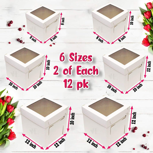 12 Pcs Tall Cake Boxes with Window in 6 Sizes + 15 Thank You Stickers 12x12 10x10 8x8, Bakery Boxes disposable carrier take out container, In 12 10 8 inch 2 3 tier wedding birthday