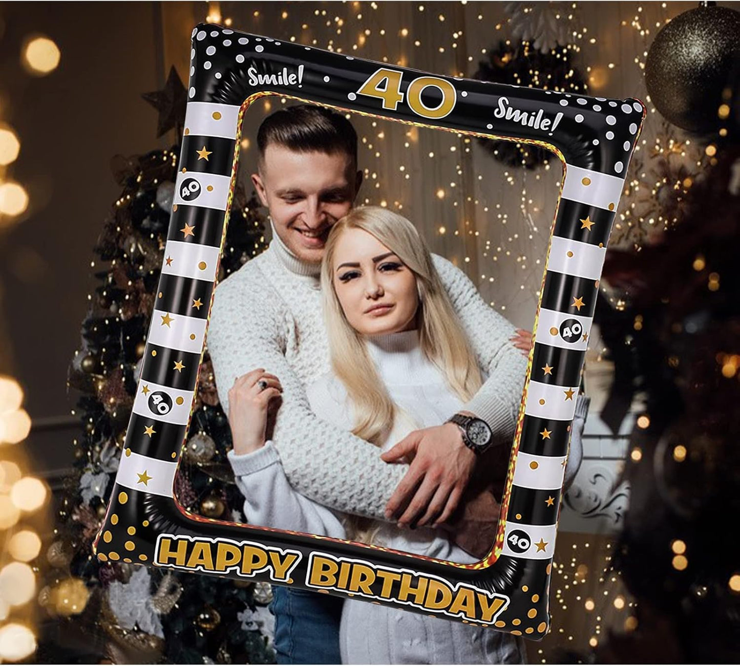 Andiker 40th Inflatable Birthday Selfie Frame, Black Gold Photo Booth Props Funny Picture Frame for Party Decorations