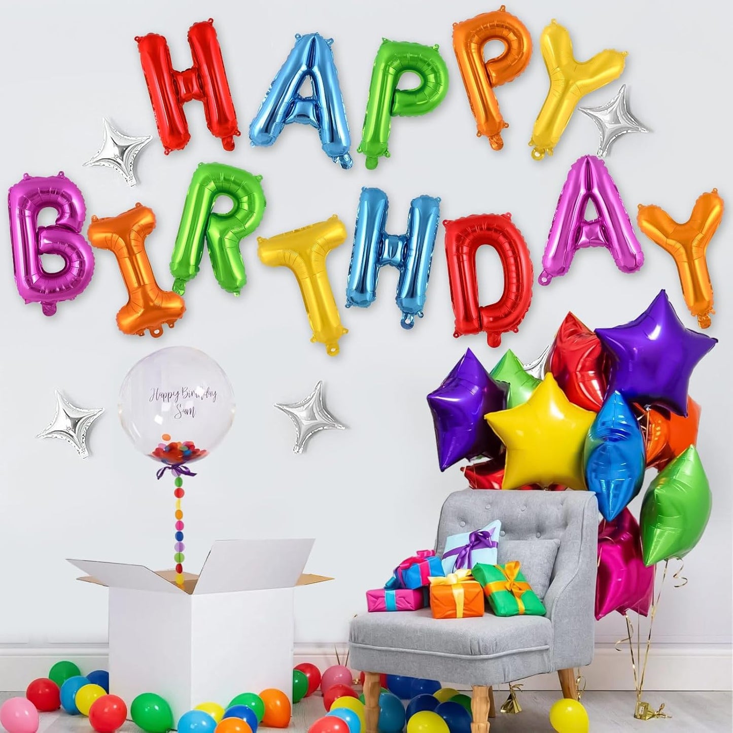 Happy Birthday Balloons Banner, Foil Balloon Personalized Name Letters Balloons Sign Birthday Party Decorations for Women Men Boys Girls Cream