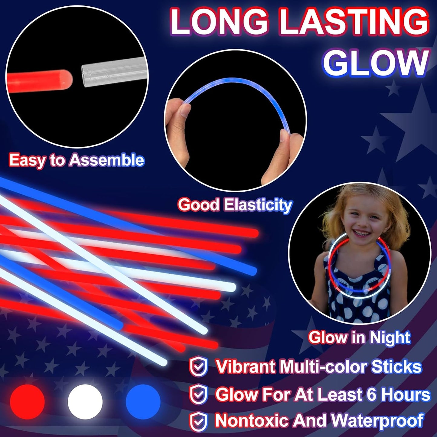 200 Pack 4th of July Glow Sticks Party Favors with Connectors,Patriotic Red White Blue Glow Stick Bracelets Nacklaces Glow in the Dark Party Accessories Memorial Day Decorations,250th Anniversary USA