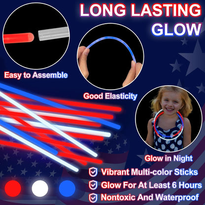 200 Pack 4th of July Glow Sticks Party Favors with Connectors,Patriotic Red White Blue Glow Stick Bracelets Nacklaces Glow in the Dark Party Accessories Memorial Day Decorations,250th Anniversary USA