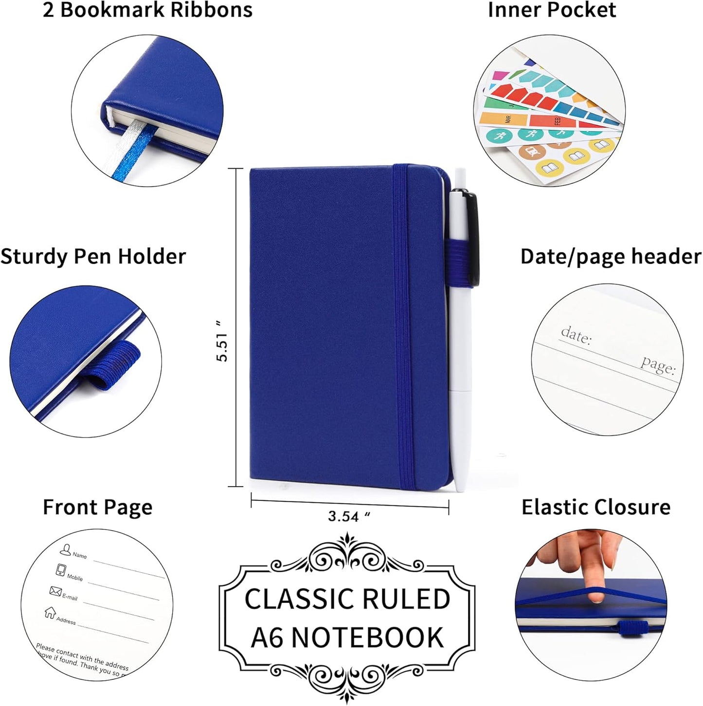 feela 6 Pack Pocket Small Notebooks Bulk, Mini Cute Memo Notepads Hardcover College Ruled Lined Journals with Pen Holder for Women Girls Office School, with 6 Black Pens, 3.5”x 5.5”, A6, Rose Pink