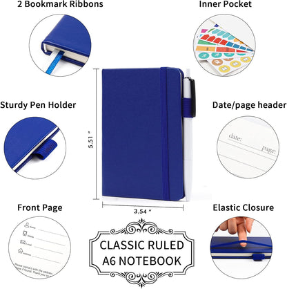 feela 6 Pack Pocket Small Notebooks Bulk, Mini Cute Memo Notepads Hardcover College Ruled Lined Journals with Pen Holder for Women Girls Office School, with 6 Black Pens, 3.5”x 5.5”, A6, Rose Pink