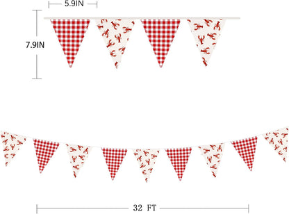 32Ft Dusty Blue Party Decorations Retro Blue Gingham Triangle Banner Flag Pennant Fabric Garland Streamers for Nautical Wedding Birthday Ahoy Achor Bridal Baby Shower Under The Sea Decor Supplies