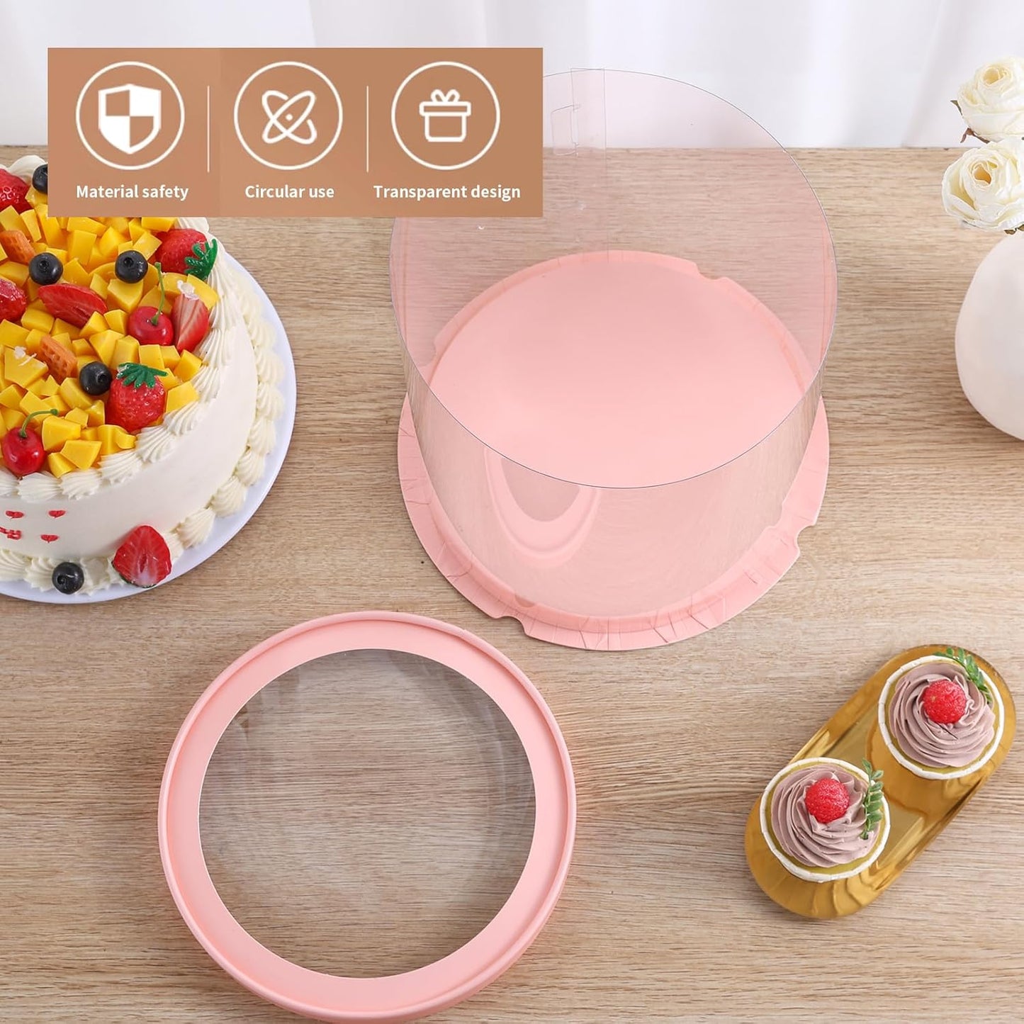JCD Pink Multi-Layer 10 * 10 Inch Round Clear Cake Boxs with Ribbon,6 Pack Tall Transparent Packaging Cake Containers PET Cake Carrier Box for Birthday (Pink, Round 10inch/6pcs)