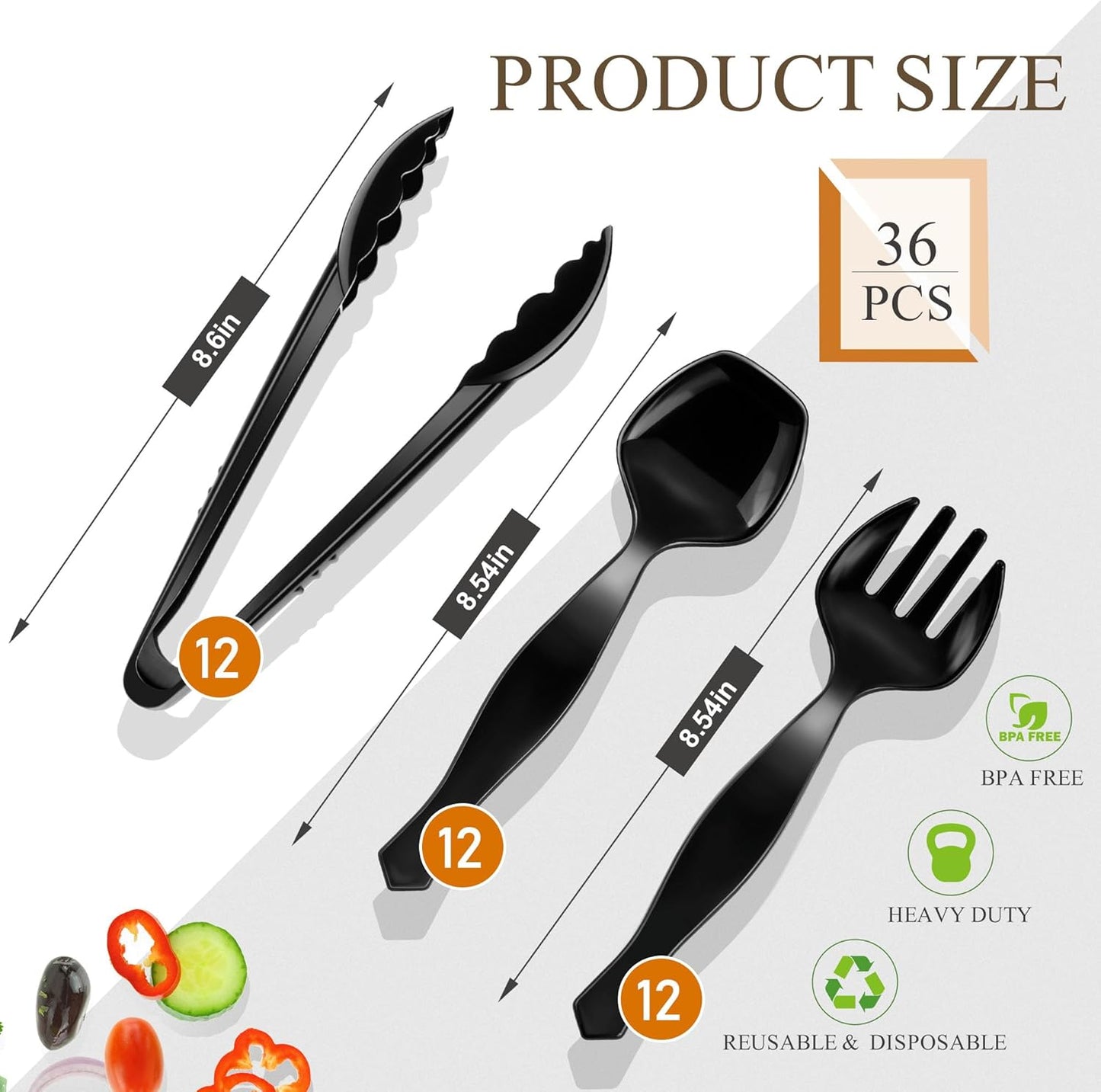 Disposable Plastic Serving Utensils Set (Black, 36 Pcs)