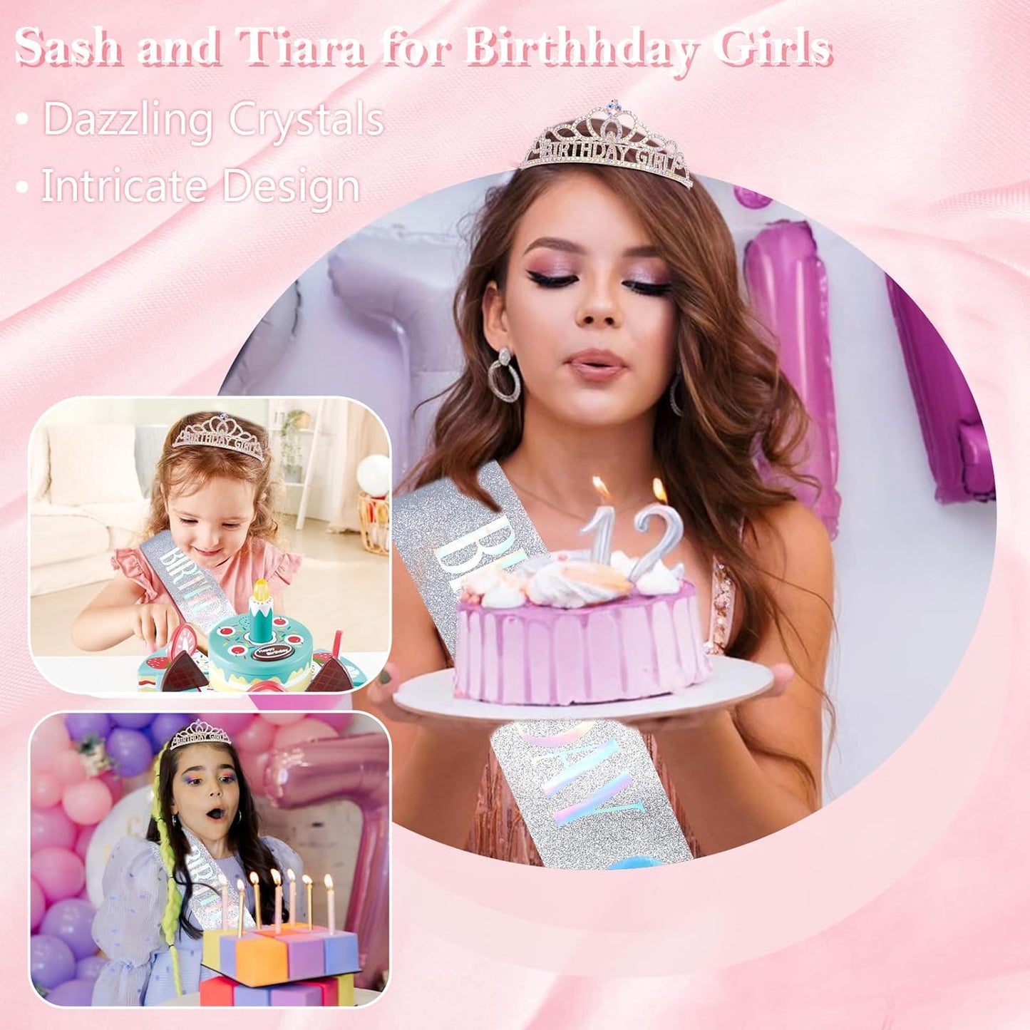 Chanaco Happy Birthday Crown and Sash Kit for Women and Girls - Rhinestone Tiara and Sashes with 'BIRTHDAY GIRL' Sash for Party Favors