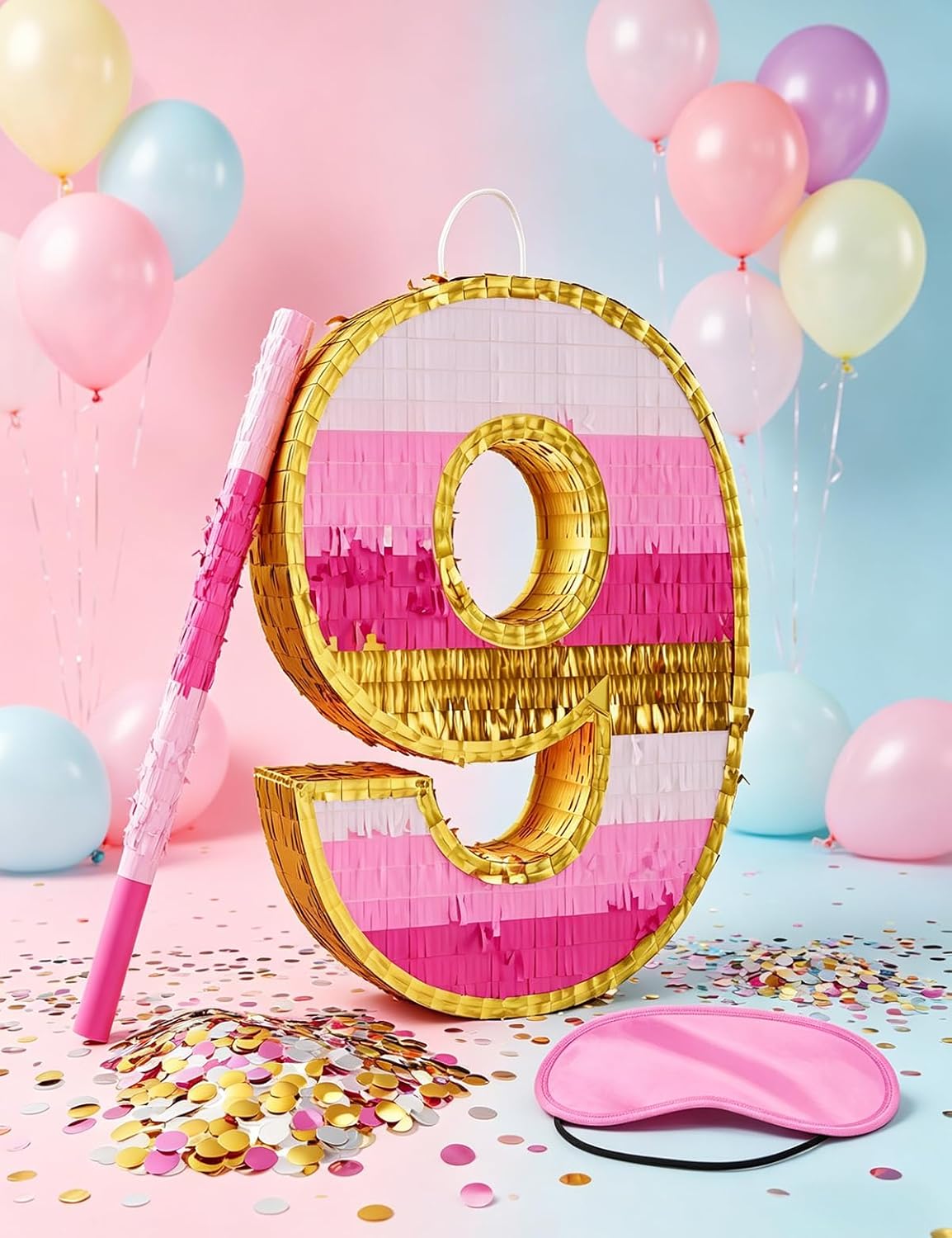 Number 5 Piñata with Stick, Blindfold & Confetti-Pink Piñata for Birthday Parties, Complete Party Game Set for Kids Girls-Gradient Pink Birthday Decor with Fillable Design(Small, 16.5 x 11.5 x 3 In)