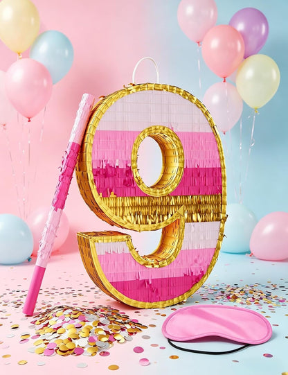 Number 5 Piñata with Stick, Blindfold & Confetti-Pink Piñata for Birthday Parties, Complete Party Game Set for Kids Girls-Gradient Pink Birthday Decor with Fillable Design(Small, 16.5 x 11.5 x 3 In)