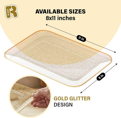 3 Pack Plastic Serving Trays for Party - Gold Serving Tray 8 x 11 Inch - Heavy Duty Dessert Trays for Food - Rectangular Party Serving Trays for Entertaining - Clear Cookie Platters