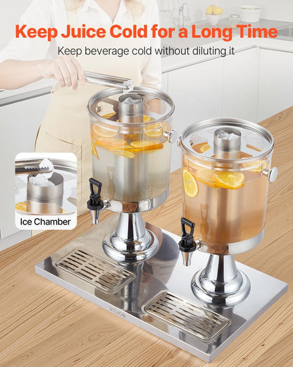 VEVOR Beverage Dispenser, 2.1 Gallon x 2 Drink Dispenser for Parties, Stainless Steel + Plastic Juice Dispensers with Spigot Ice Chamber Tray, Iced Tea Lemonade Dispensers, for Restaurants, Hotels
