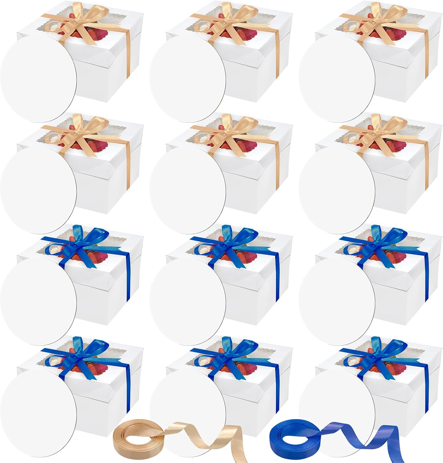 6PCS 12x12x8 Inches Cake Boxes with Boards—（3 Boxes with window & 3 Borads & 70ft Silk Ribbon） Large Square Baking Boxes for Christmas,Birthday Party, Wedding, Valentine's Day