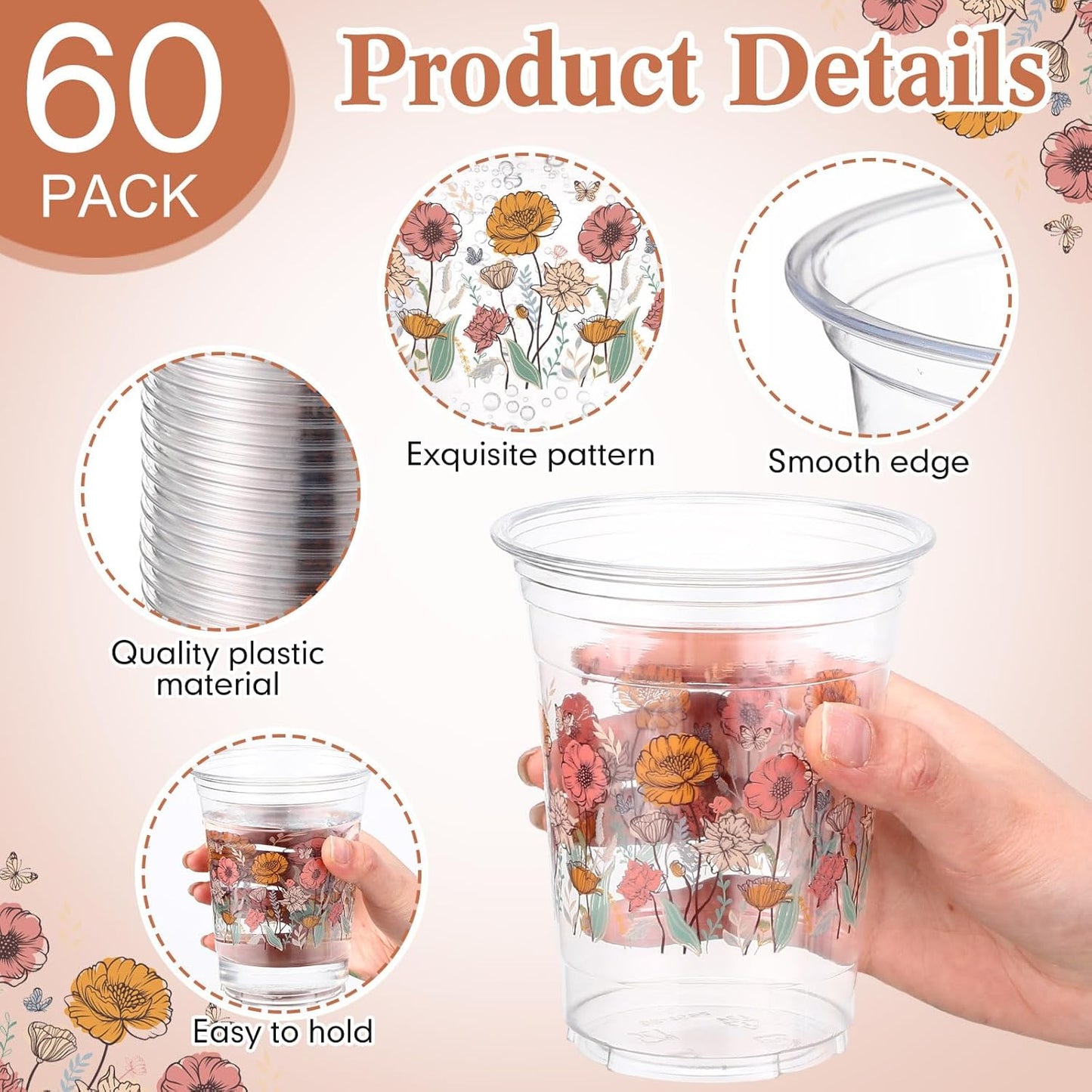 Hushee 60 Pcs Purple Floral Cups with Spring Summer Flower 16 oz Wildflowers Plastic Disposable Drinking Cups for Summer Spring Birthday Baby Shower Wedding Party Supplies