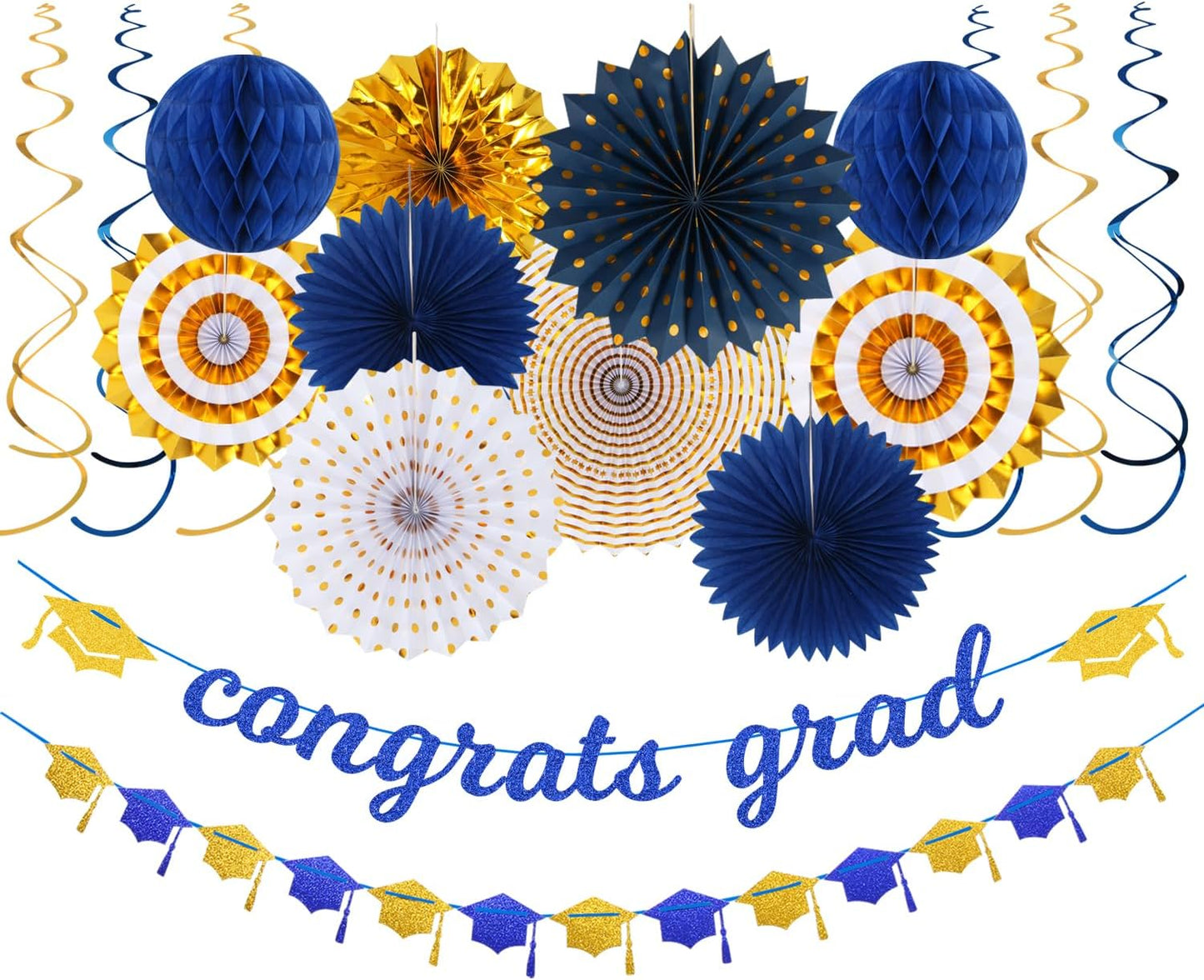 Navy-Blue White Silver Tissue Pom-Poms - 15pcs 5 Size Party Decorations Paper Flowers,Graduation Wedding Baby Bridal Shower Room Hanging Decorations Boy Birthday Party Backdrop Decor Panduola