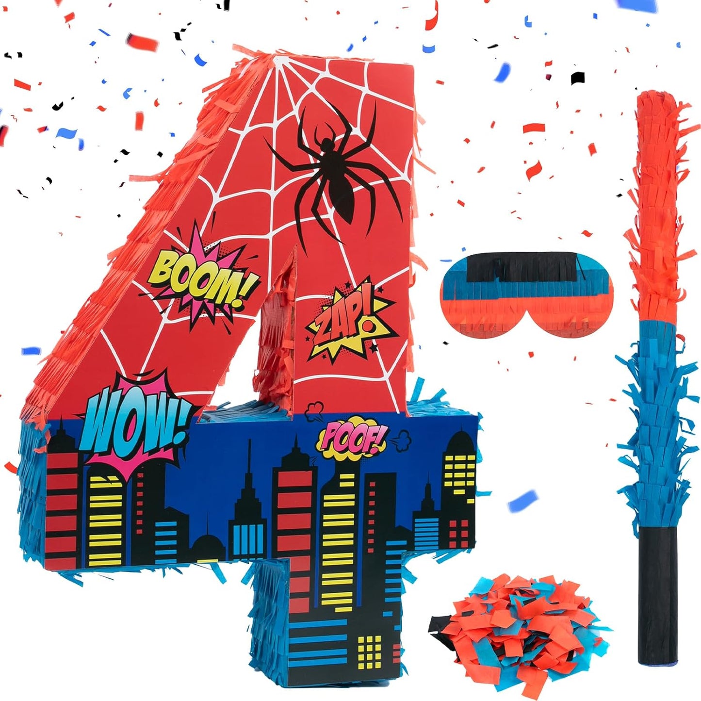 Number 4 Spider Pinata Bundle with 16 Inch Piñata Stick Blindfold Confetti for Hero Birthday Party Decoration Anniversary Celebration Gift Spider Party Favors for Kids, 16 x 11.6 x 2.4 Inch