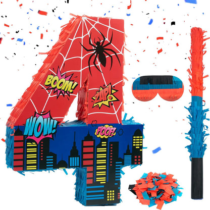 Number 4 Spider Pinata Bundle with 16 Inch Piñata Stick Blindfold Confetti for Hero Birthday Party Decoration Anniversary Celebration Gift Spider Party Favors for Kids, 16 x 11.6 x 2.4 Inch