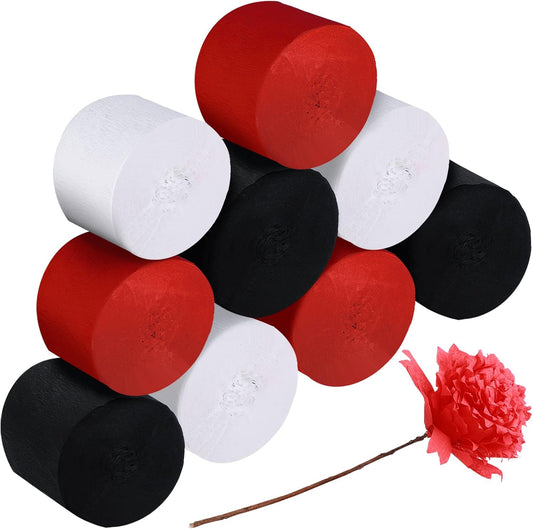 9 Rolls Crepe Paper Streamers Party Decorations 246 Yards in 3 Colors for Xmas Hanging Backdrops Party Decorations Christmas DIY Craft Supplies(Simple Style,Black, White, Red)