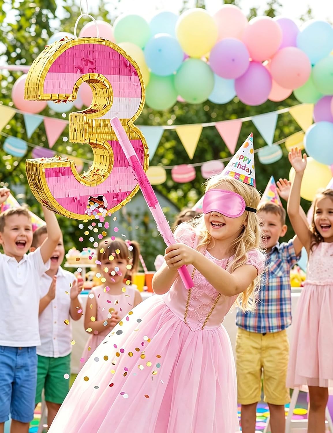 Number 5 Piñata with Stick, Blindfold & Confetti-Pink Piñata for Birthday Parties, Complete Party Game Set for Kids Girls-Gradient Pink Birthday Decor with Fillable Design(Small, 16.5 x 11.5 x 3 In)
