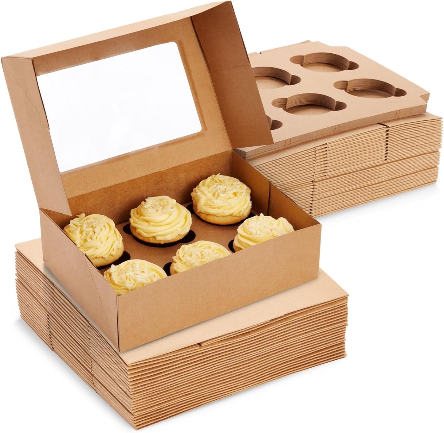 Juvale Cupcake Boxes - 6 x 6 in, 24 Count, Brown - 4-Cup Insert & Clear Window Cupcake Containers & Muffin Boxes