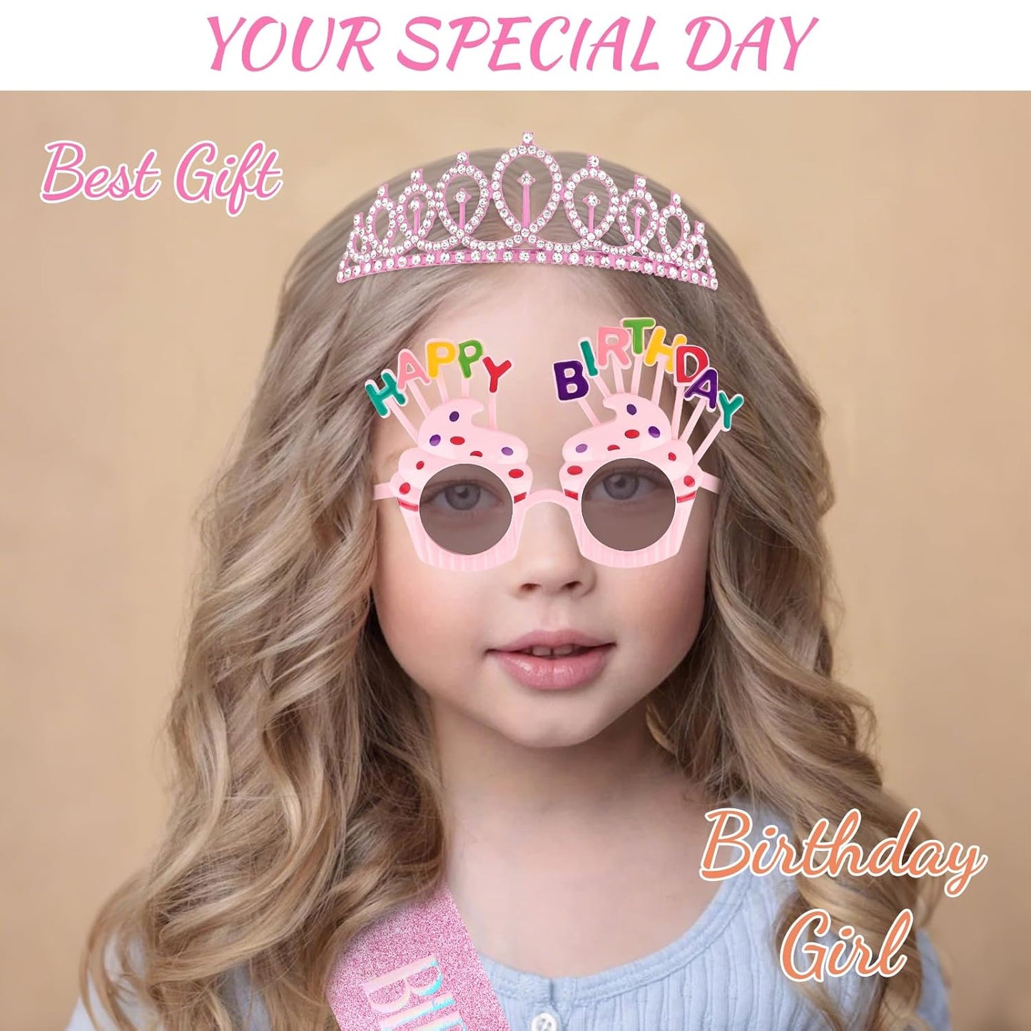 YARIEW 3rd Birthday Decorations, 3rd Glitter Purple Sash and Crown Kit with Happy Birthday Sunglasses, Tiara Princess Crown and Sash Party Outfit Accessory