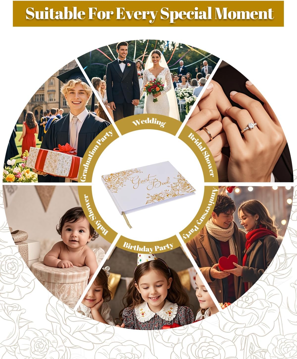 VIRIDI Wedding Guest Book with a Pen Gold,Guest Book Wedding Reception 9 × 6.7 inches, Gold Foil Hardcover GuestBook for Baby Shower, Graduation, Birthdays