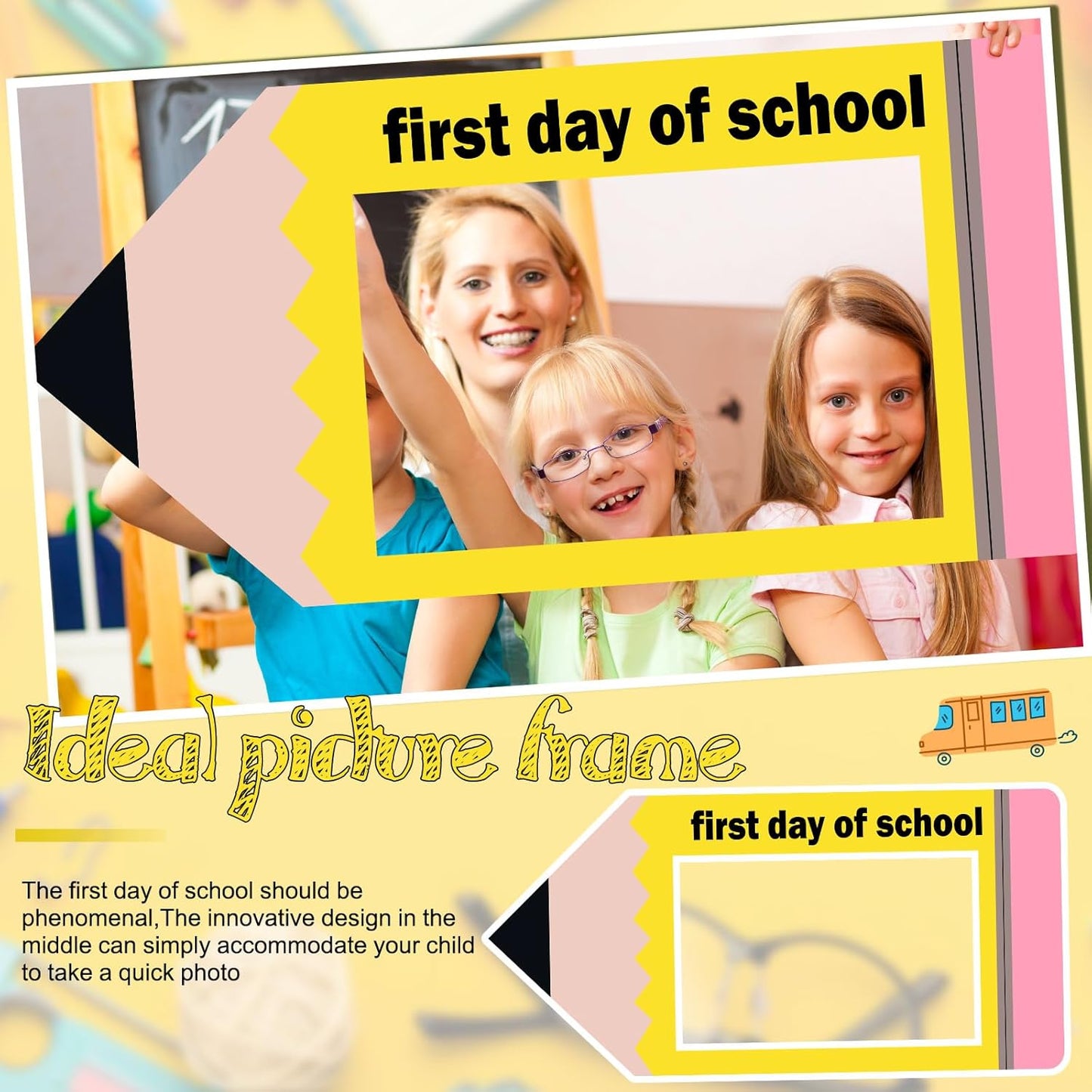 Aurelema 35 x 16 Inch First Day of School Back to School Party Photo Booth Prop Selfie Frame KT Board Pencil Shape Picture Frame Prop Welcome Party Supplies for Students Teacher Classroom