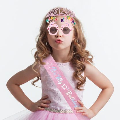 YARIEW 3rd Birthday Decorations, 3rd Glitter Purple Sash and Crown Kit with Happy Birthday Sunglasses, Tiara Princess Crown and Sash Party Outfit Accessory