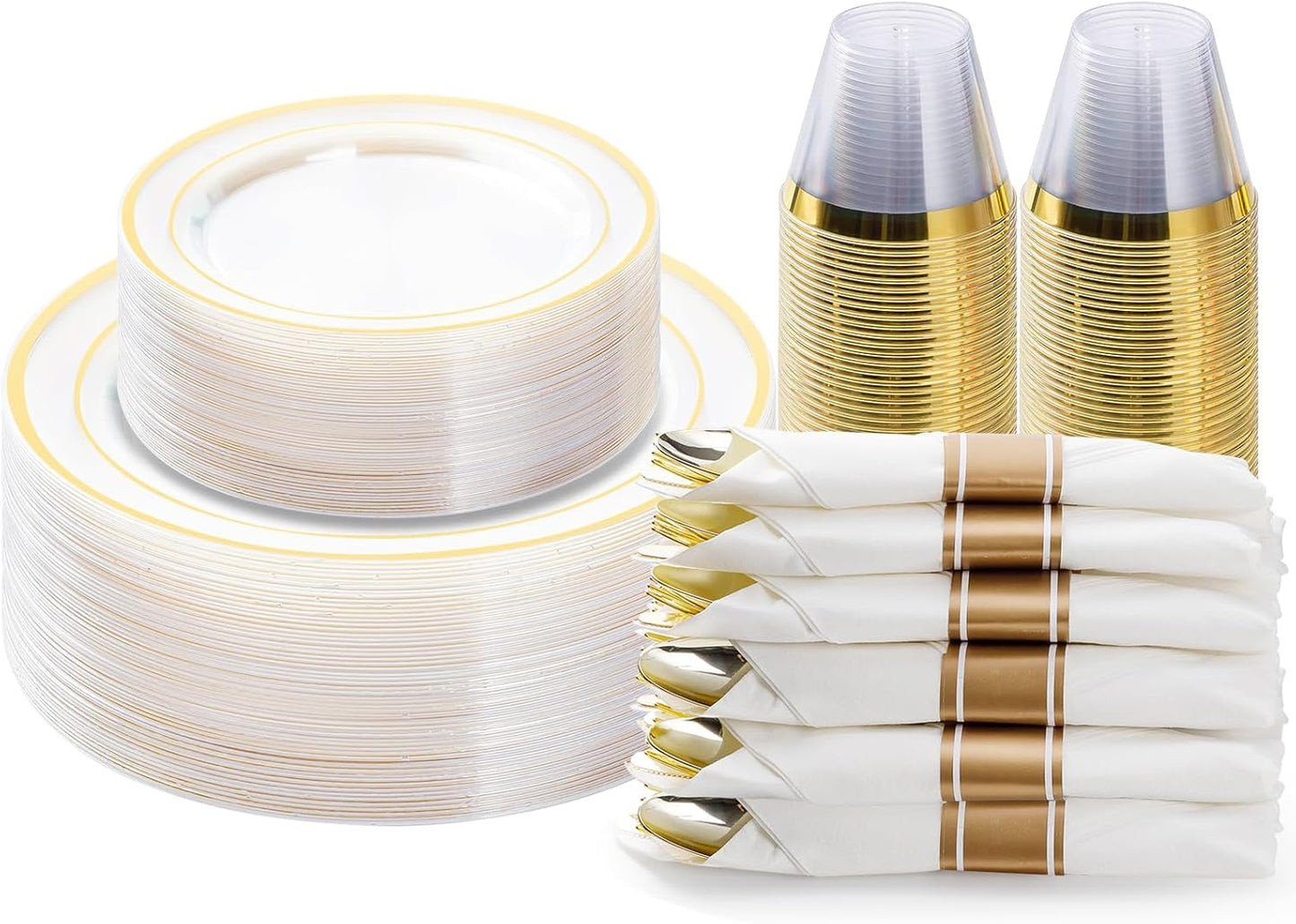 BESTVIP 350PCS Gold Plastic Dinnerware Set, Disposable Party Plates for 50 Guests, Include: 100 Plastic Plates, 50 Pre Rolled Napkins with Gold Silverware, 50 Cups