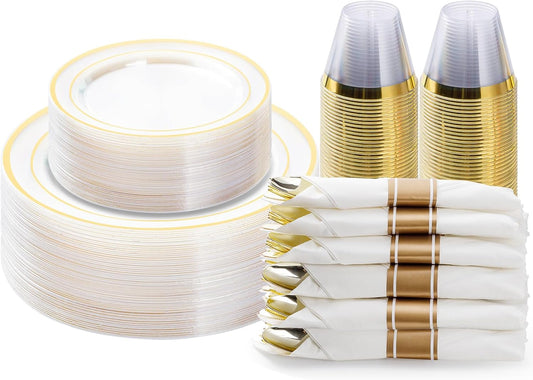 BESTVIP 350PCS Gold Plastic Dinnerware Set, Disposable Party Plates for 50 Guests, Include: 100 Plastic Plates, 50 Pre Rolled Napkins with Gold Silverware, 50 Cups