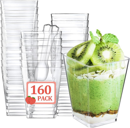 Eupako 100 Pack 5 oz Square Clear Plastic Dessert Cups with Spoons Small Clear Plastic Tumbler Cups Great for Desserts, Appetizers, Puddings, Mousse, Parfait