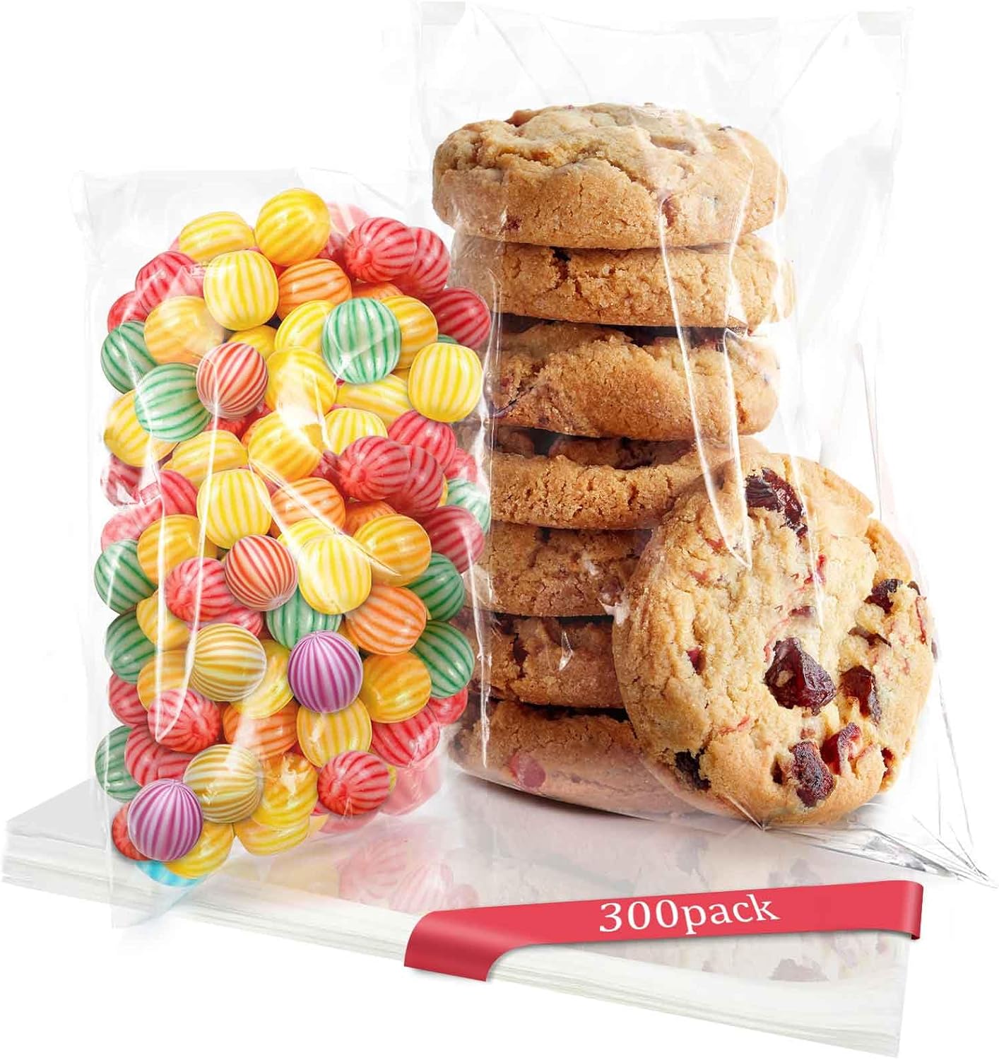 300 PCS Clear Cellophane Cookies Bags Self Sealing with 4x6"（150 PCS）& 5x7"（150 PCS) - Resealable Plastic Treat Bags Self Adhesive for Packaging Cookies, Party Favors, Bakery