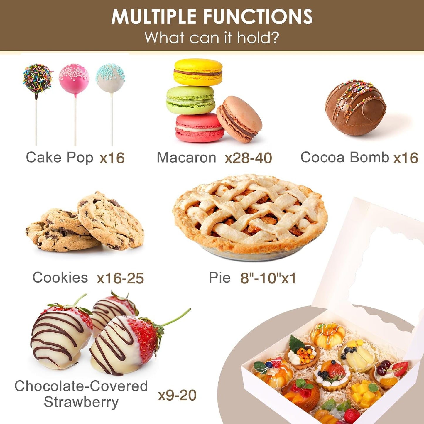 Moretoes 35pcs Bakery Boxes, 10x10x2.5 Inches Auto-Popup Cookie Boxes with Window for Pie, Cookie Cake, Treats, Pastries, Chocolate Covered Strawberries