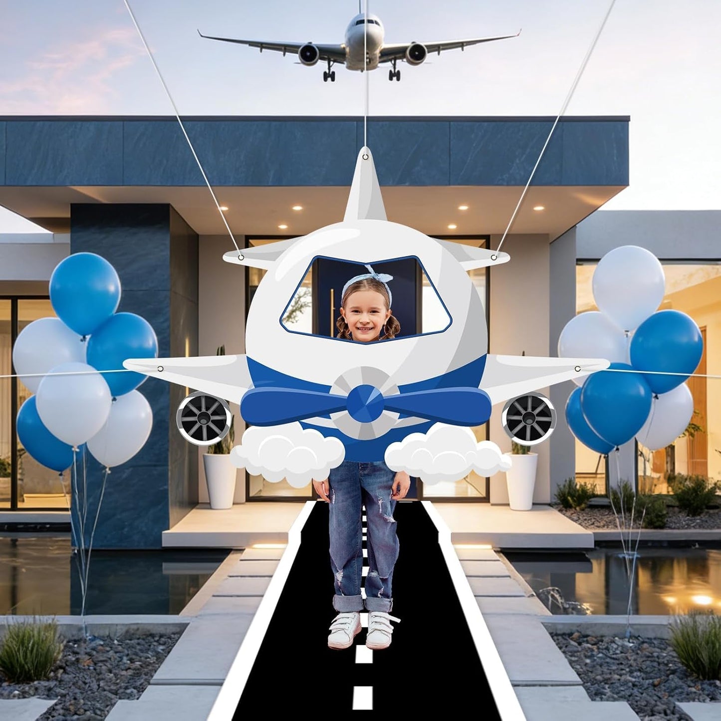 Airplane Shaped Photo Prop Selfie Frame Airplane Birthday Decoration Fabric Aircraft Backdrop Banner with Long Racetrack Floor Mat Plane Themed Background for Kids Baby Shower Birthday Party Supplies